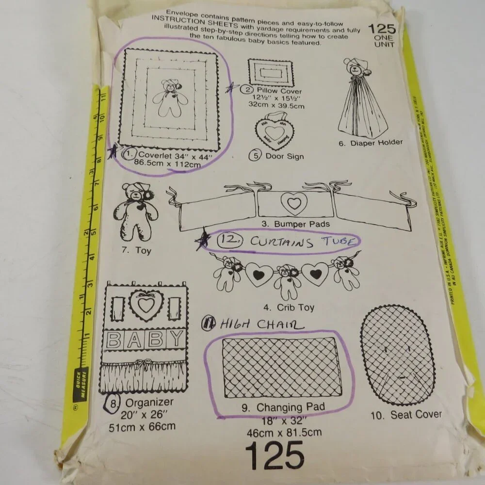 Simplicity 125 Sewing Pattern Baby Nursery Items